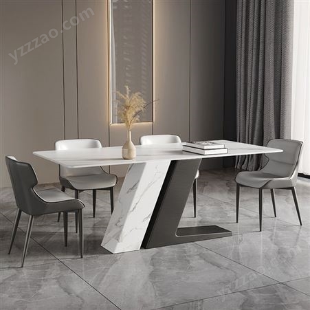 轻奢亮光岩板餐桌椅组合小户型家用现代不锈钢餐厅饭桌-jj114